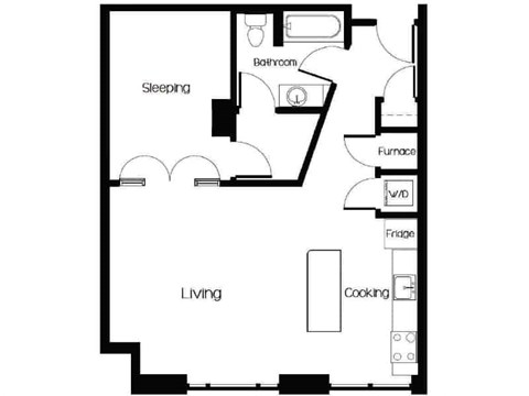 Floor plan for 1 bed, 1 bath, 690 sqft